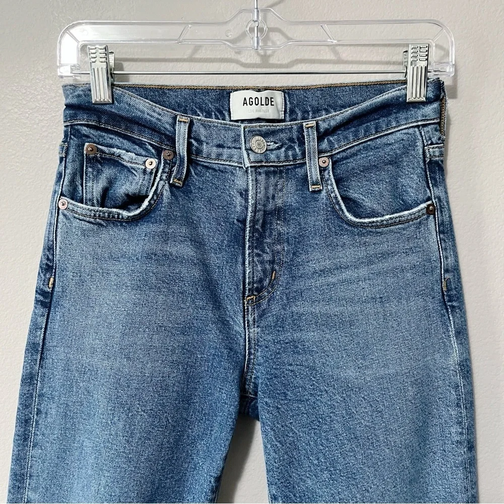 Agolde Toni Mid Rise Straight Jeans Medium Blue Size 24 Distressed